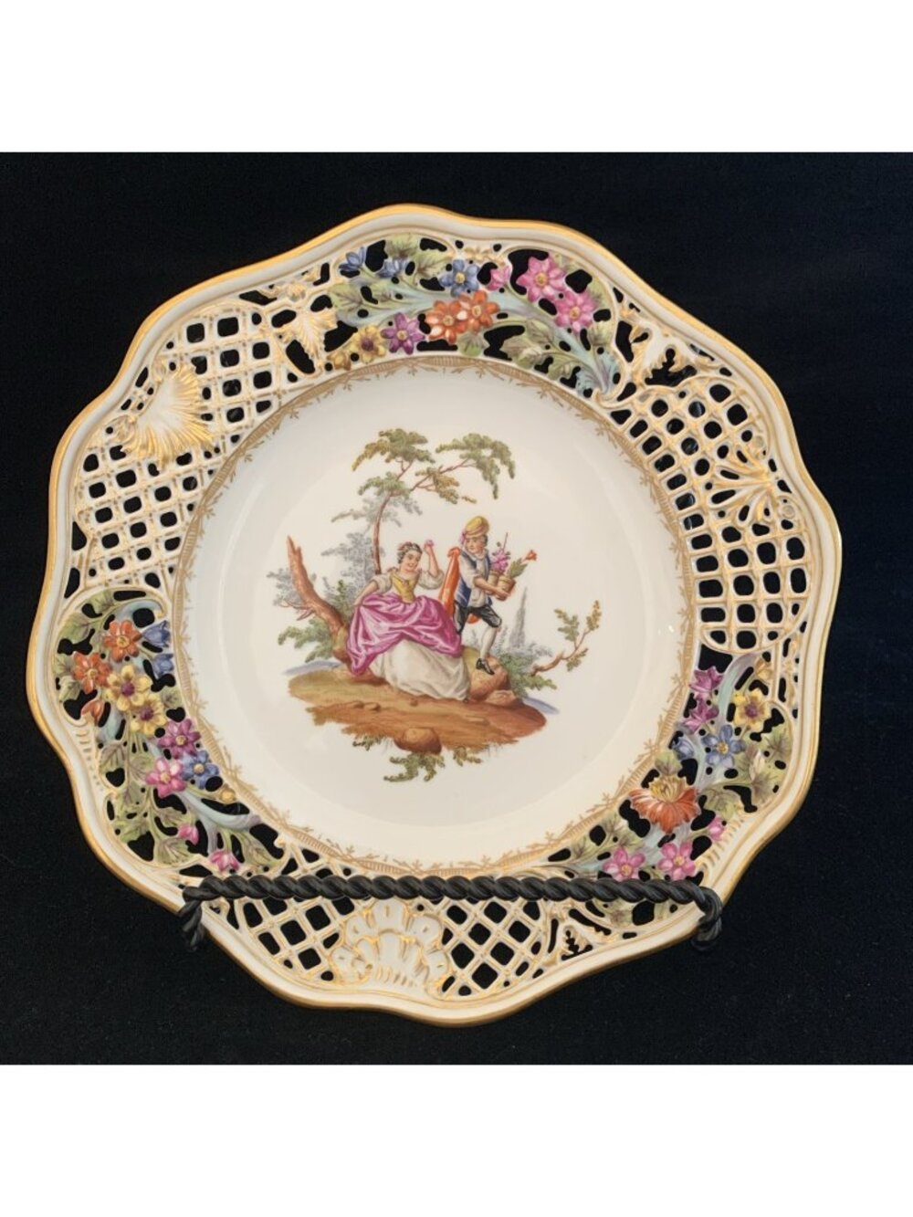 Antique Helena Wolfsohn Dresden Reticulated Watteau Cabinet Plate 8.5" Victorian